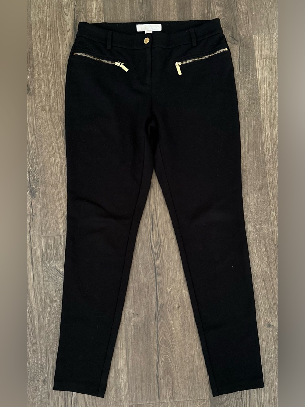 Michael Kors Black Knit Slim Zip-Pocket Bottoms with Gold Accents